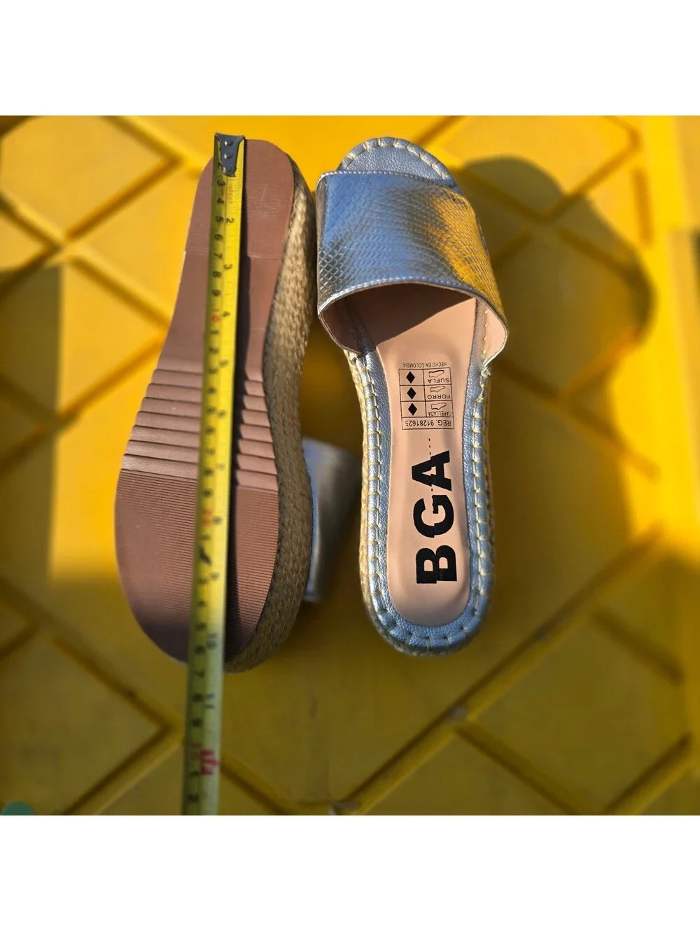 BGA Silver Metallic Platform Slide Sandals with Woven Espadrille Wedge Heel, US